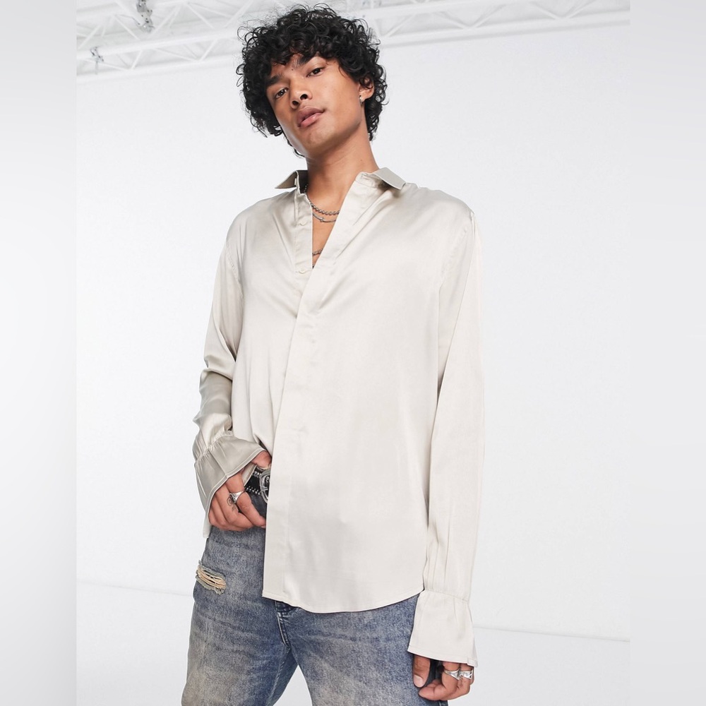 ASOS DESIGN Relaxed Satin Shirt with Fluted Cuff in Champagne